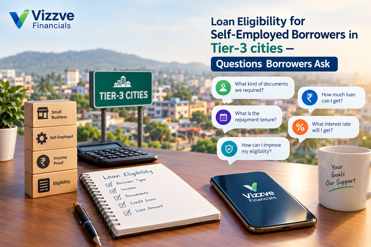 Self-employed shop owner in a Tier-3 city checking loan eligibility documents on a smartphone