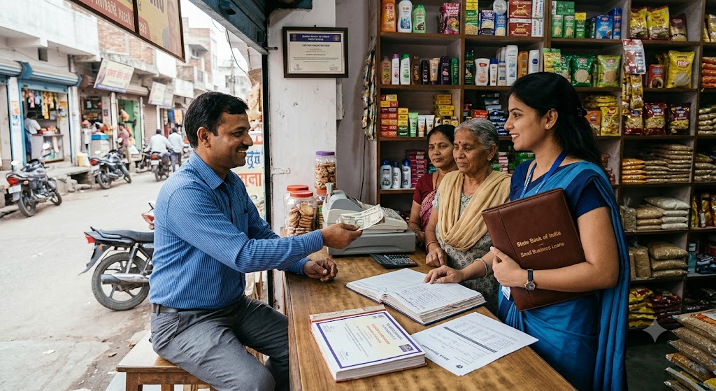 Self-employed kirana store owner in a Tier-3 city reviewing loan eligibility documents and EMI options