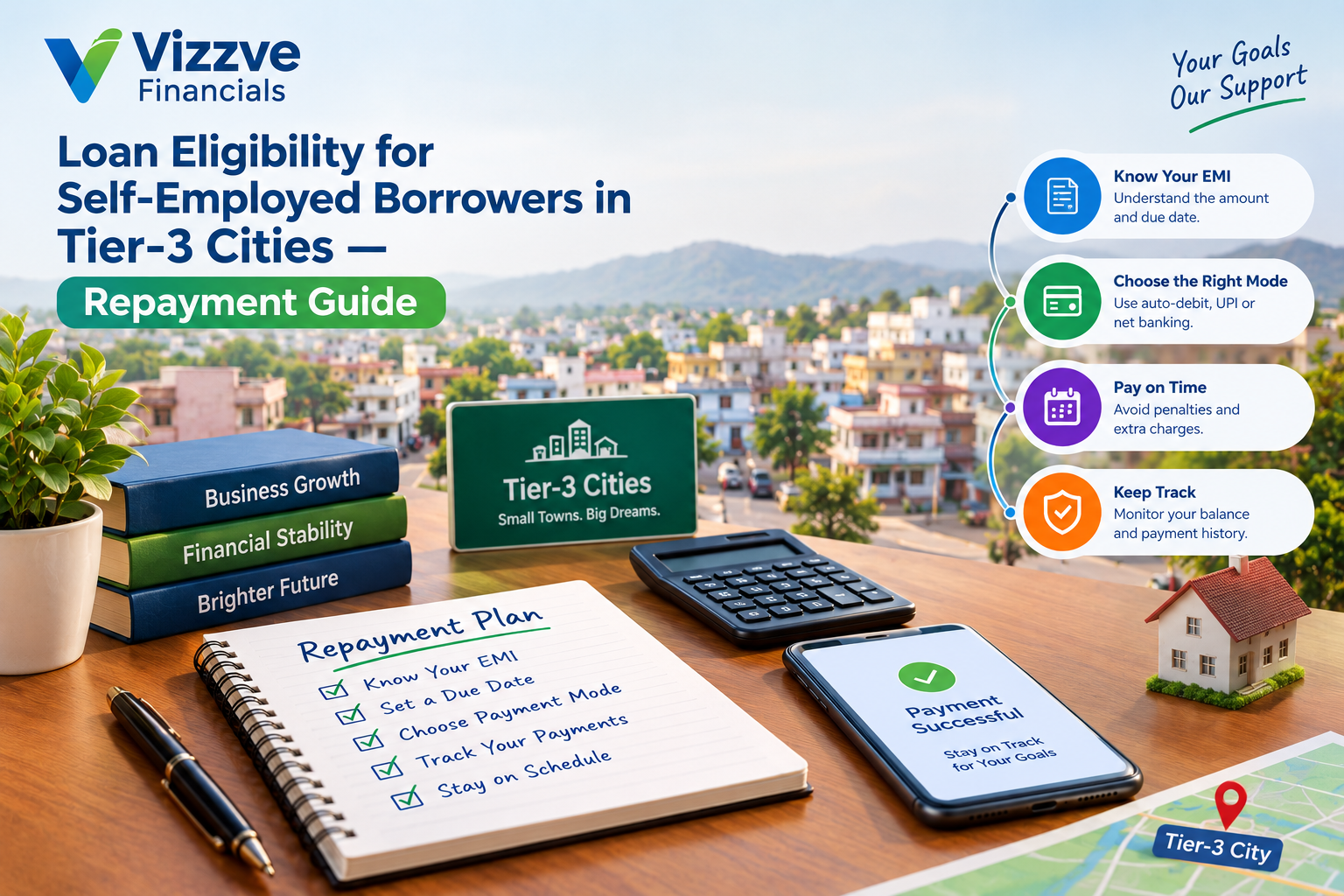 Self-employed shop owner in a Tier-3 city planning monthly loan EMI repayment using a calendar and calculator