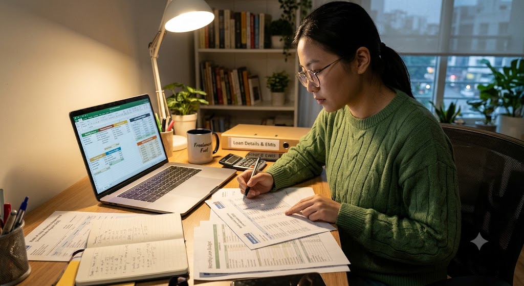 Freelancer reviewing a monthly loan repayment budget with bank statements, EMI calculations, income records and a laptop on a desk.