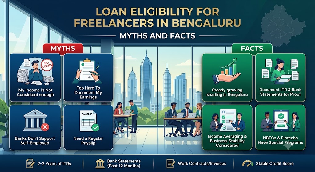 A professional and premium infographic titled 'Loan Eligibility for Bengaluru — Myths And Facts', featuring a sleek corporate office interior background with Bengaluru skyline views. The layout contrasts myths in dark navy cards with red labels against fa