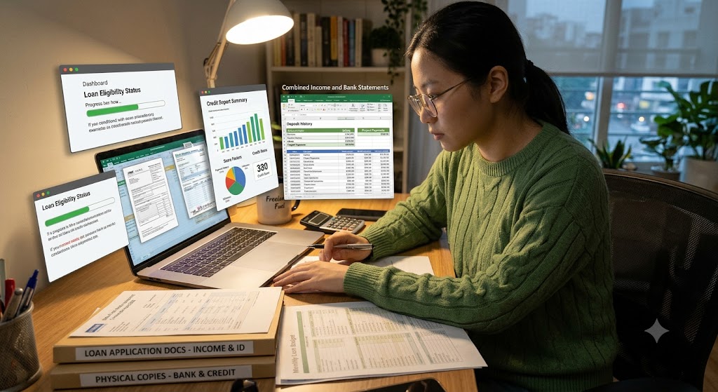 Freelancer reviewing loan eligibility information, credit report, bank statements and income documents on a laptop.