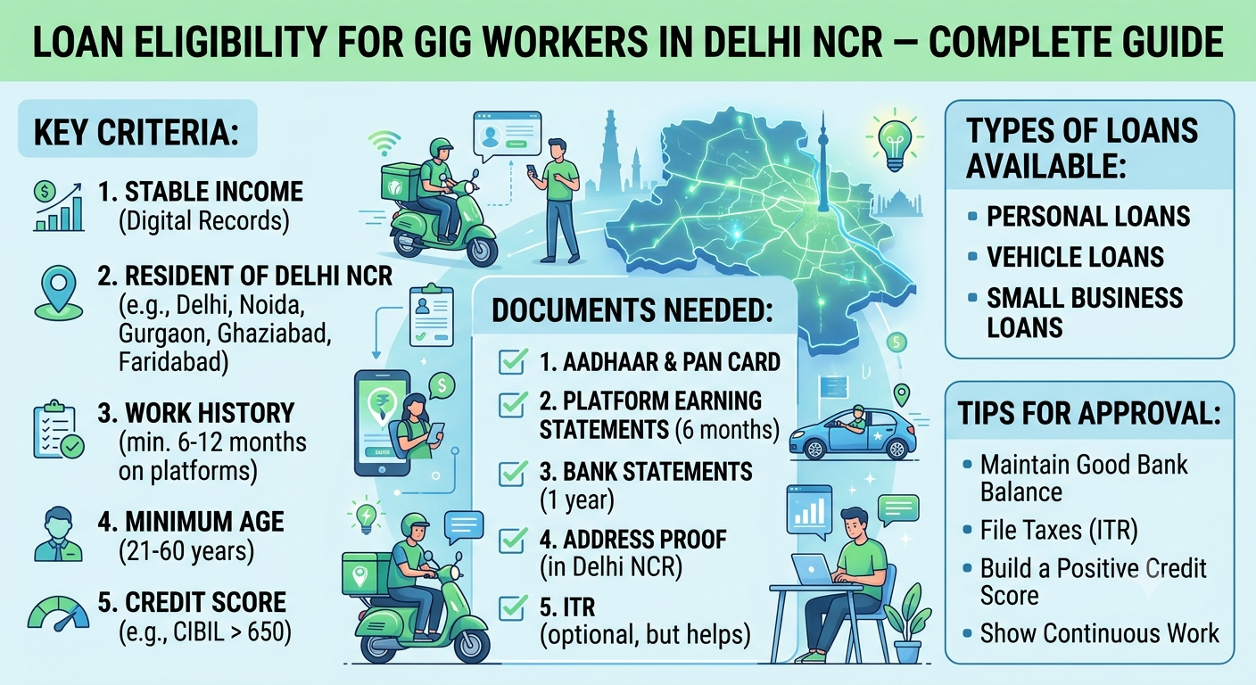 Loan eligibility for gig workers in Delhi NCR, featuring delivery partners, app-based drivers, and freelancers with income documents, credit score checks, loan application steps, and responsible borrowing guidance by Vizzve.
