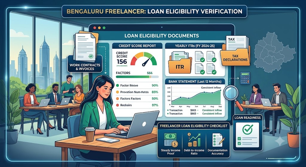 Freelancer in Bengaluru checking loan eligibility documents on a laptop, including ITR, bank statement and credit score report.
