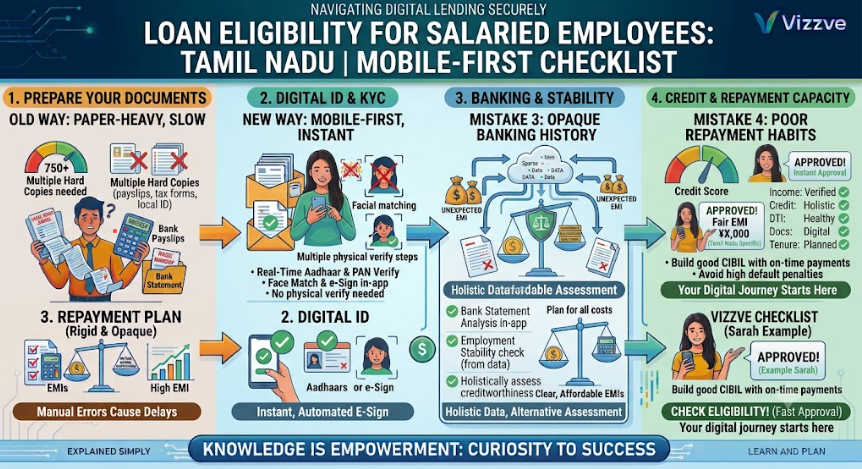 Loan Eligibility for Salaried Employees in Tamil Nadu showing salary, credit score, employment stability, existing EMIs, documents, and repayment capacity.