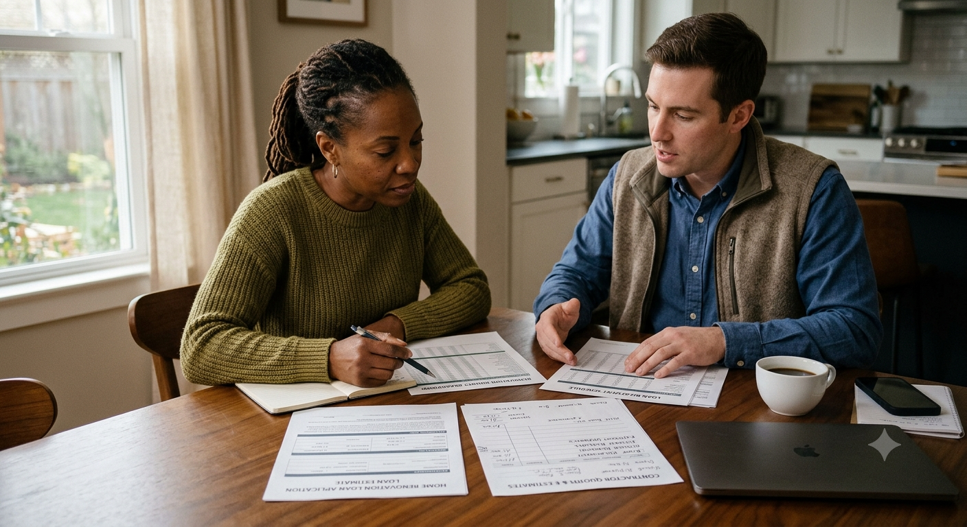 Homeowner reviewing a home repair loan plan with renovation estimates and financial documents.