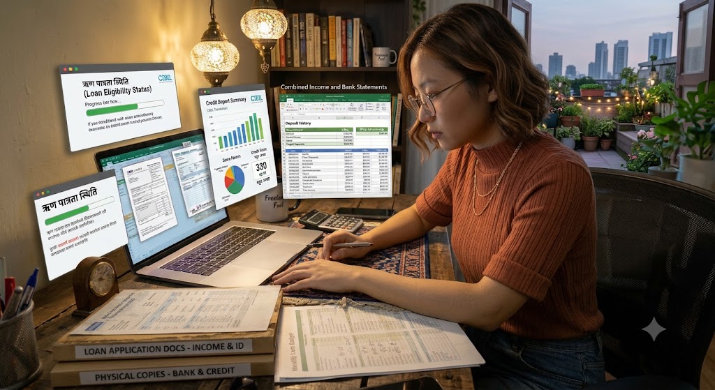 Freelancer in a Tier-2 Indian city reviewing bank statements, credit score and personal loan eligibility on a laptop.