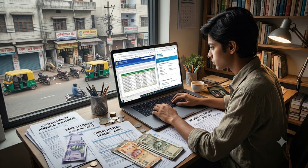 Freelancer in a Tier-2 Indian city reviewing loan eligibility, bank statements, credit history and income documents on a laptop.