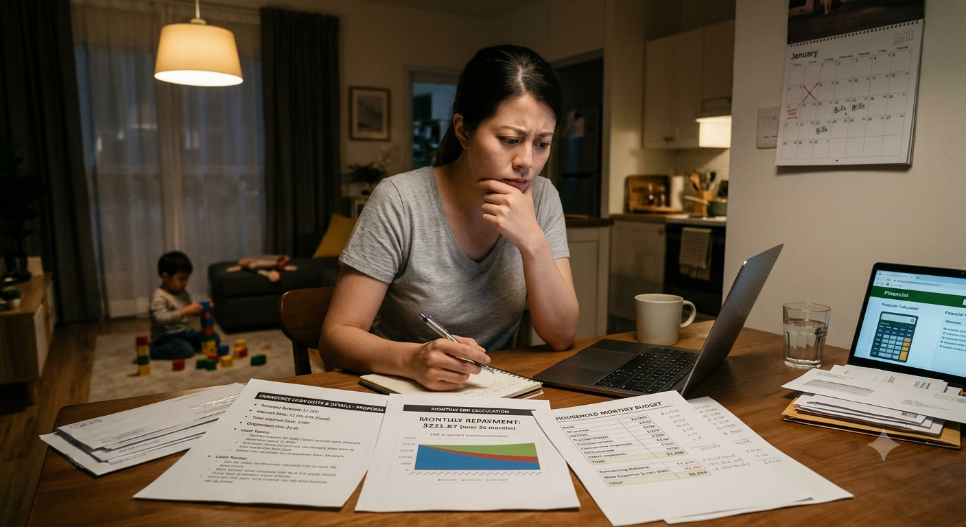 Person reviewing emergency loan costs, monthly EMI calculations, and a household budget before borrowing money