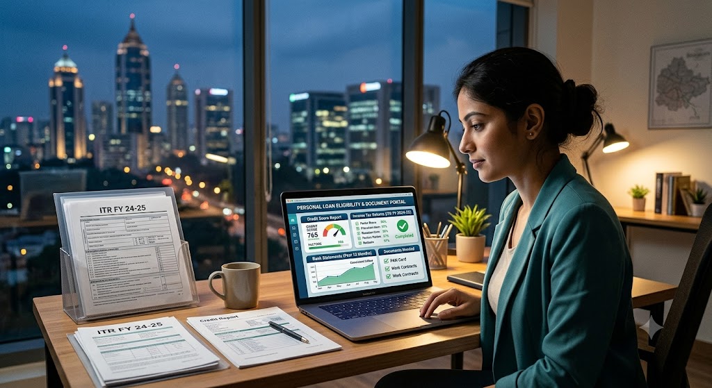 Freelancer working on a laptop in Bengaluru while checking personal loan eligibility and documents