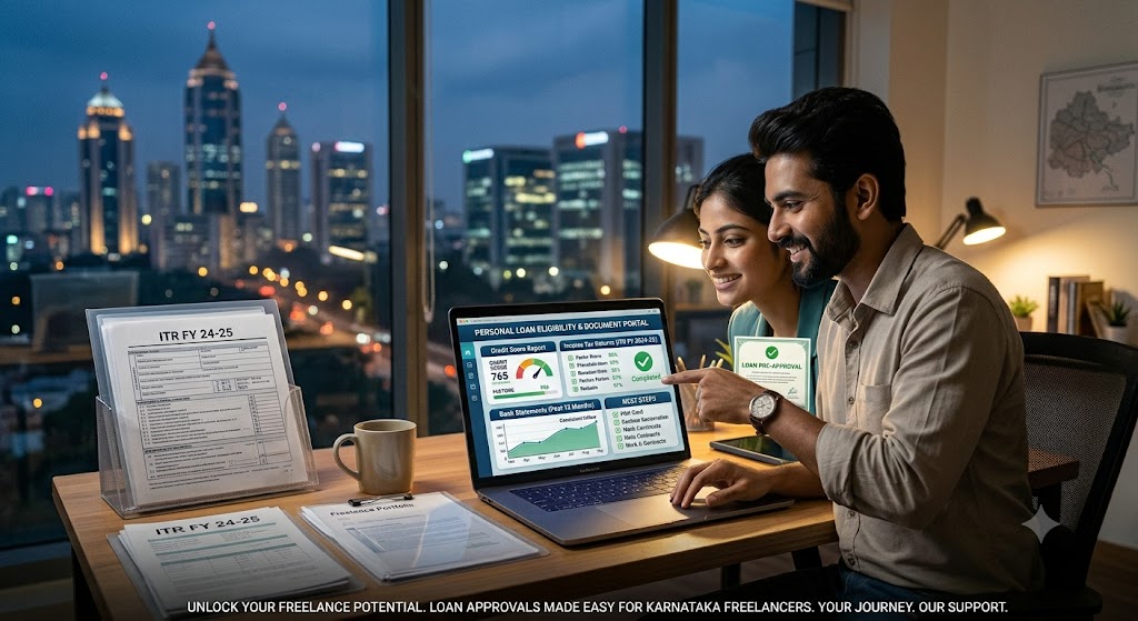 Freelancer in Karnataka checking personal loan eligibility documents on a laptop