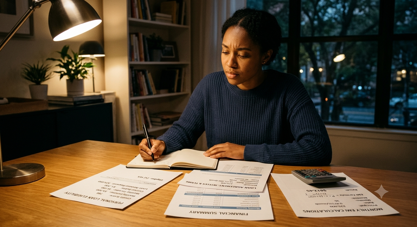 Borrower applying for a personal loan online using a laptop while reviewing loan eligibility, financial documents, and EMI details.