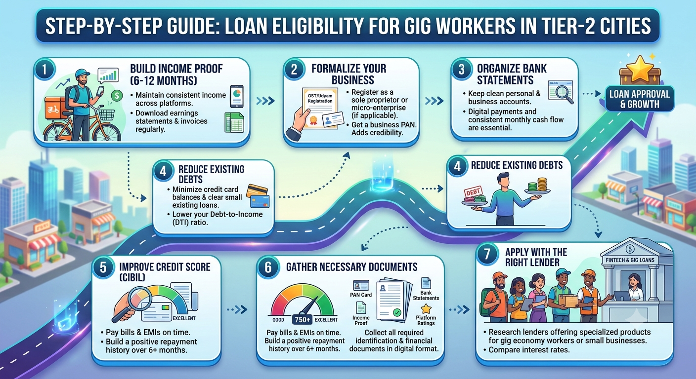 Step-by-step guide to loan eligibility for gig workers in Tier-2 cities, covering income proof, required documents, credit score, loan application, and repayment planning with Vizzve.