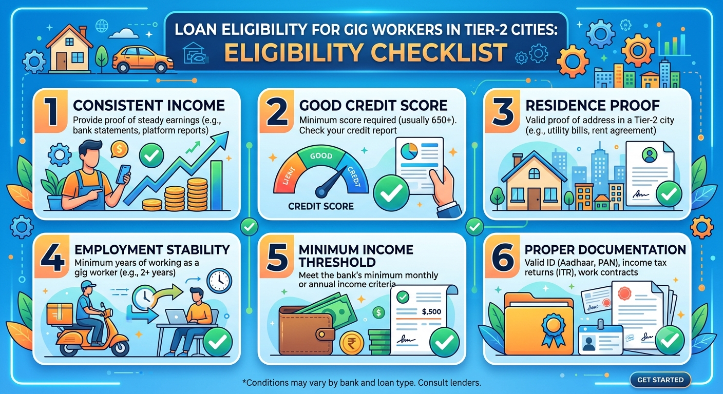 Loan eligibility checklist for gig workers in Tier-2 cities, covering income proof, required documents, credit score, bank statements, and personal loan eligibility in India.