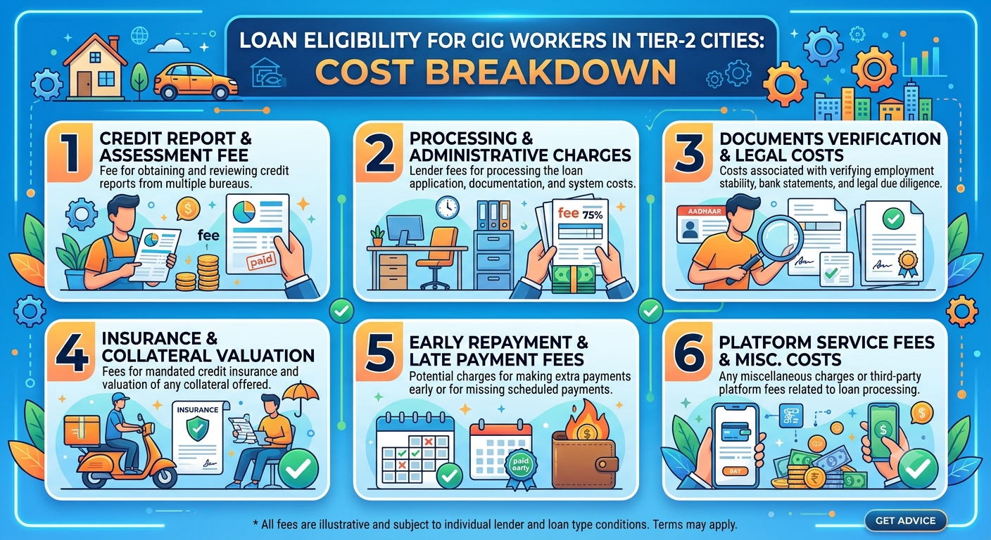 Loan eligibility and cost breakdown for gig workers in Tier-2 cities, illustrating personal loan interest rates, processing fees, EMI calculations, repayment costs, and financial planning in India.