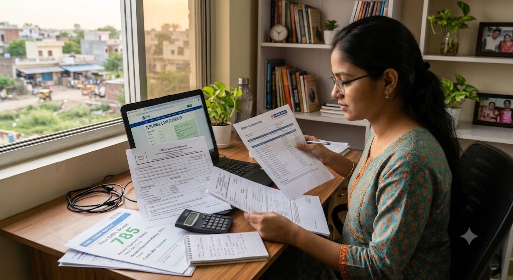 Freelancer in a small Indian city checking personal loan eligibility, income documents and credit information on a laptop.
