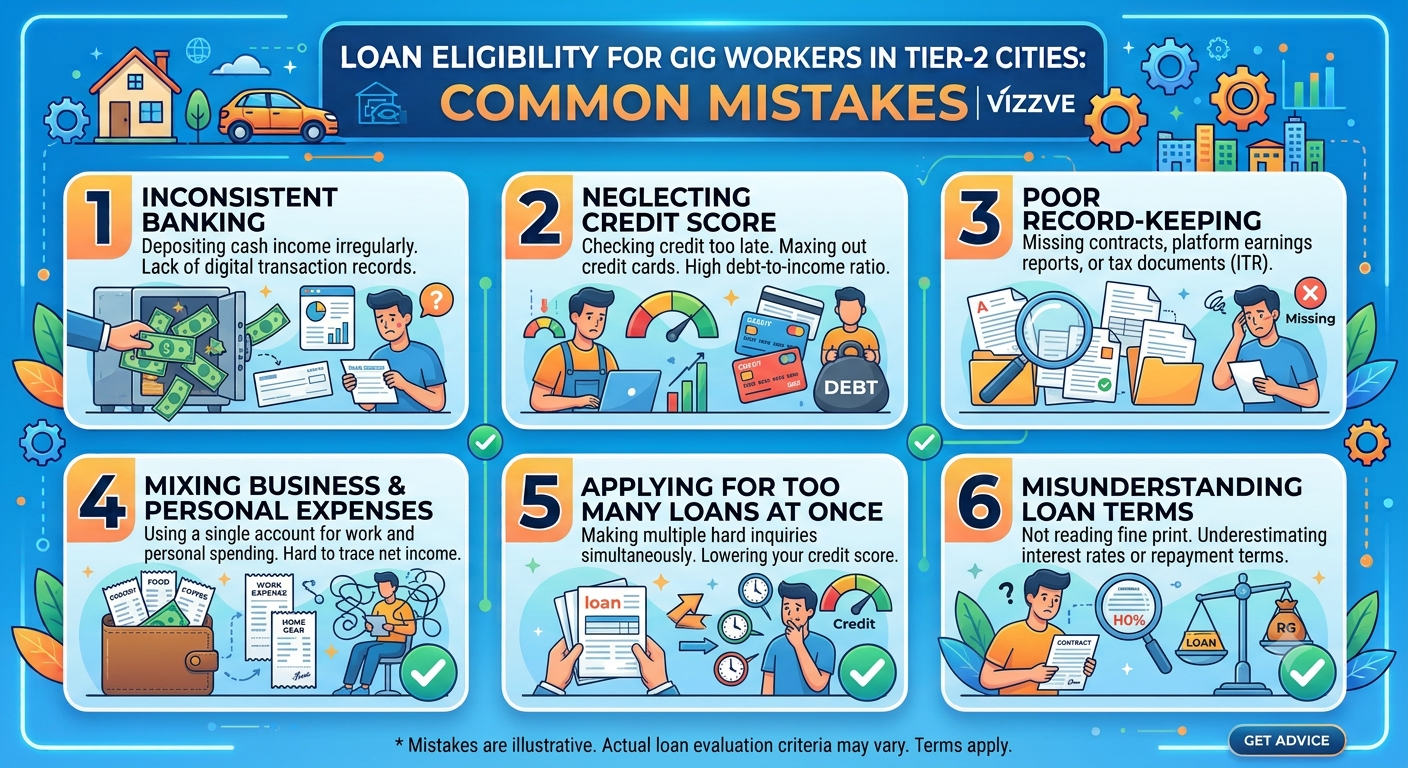 Common loan eligibility mistakes for gig workers in Tier-2 cities, highlighting income proof, credit score, document verification, EMI affordability, and safe borrowing tips by Vizzve.