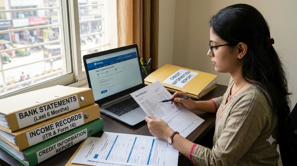 Freelancer following a step-by-step personal loan application process with bank statements, income records and credit information 