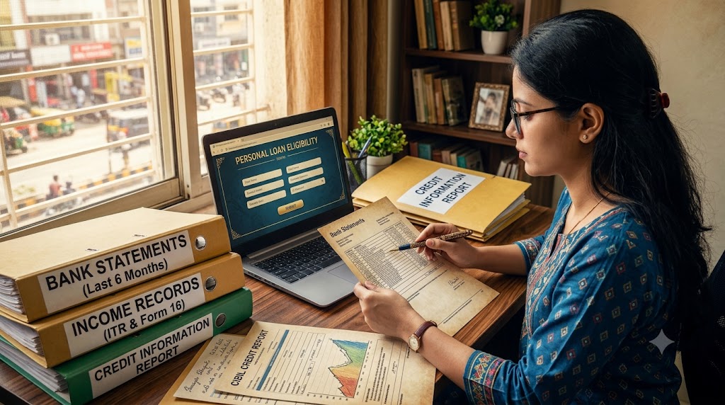 Freelancer reviewing a personal loan eligibility checklist with bank statements, KYC documents and credit information on a laptop.