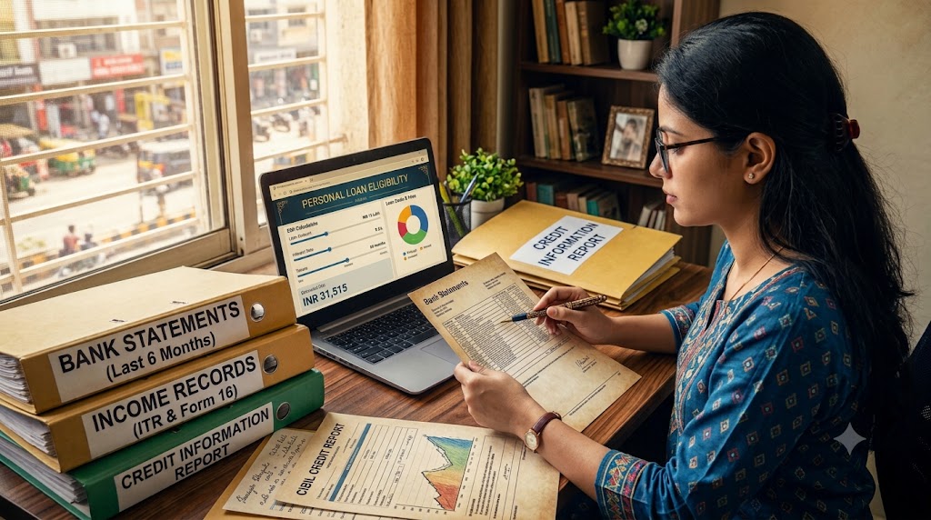 Freelancer reviewing loan costs, EMI calculations, bank statements and income documents on a laptop.