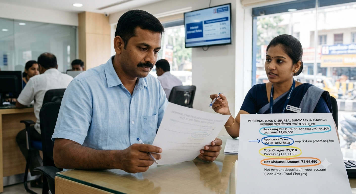 Personal loan processing fee in India showing loan charges, GST, and net disbursal amount.