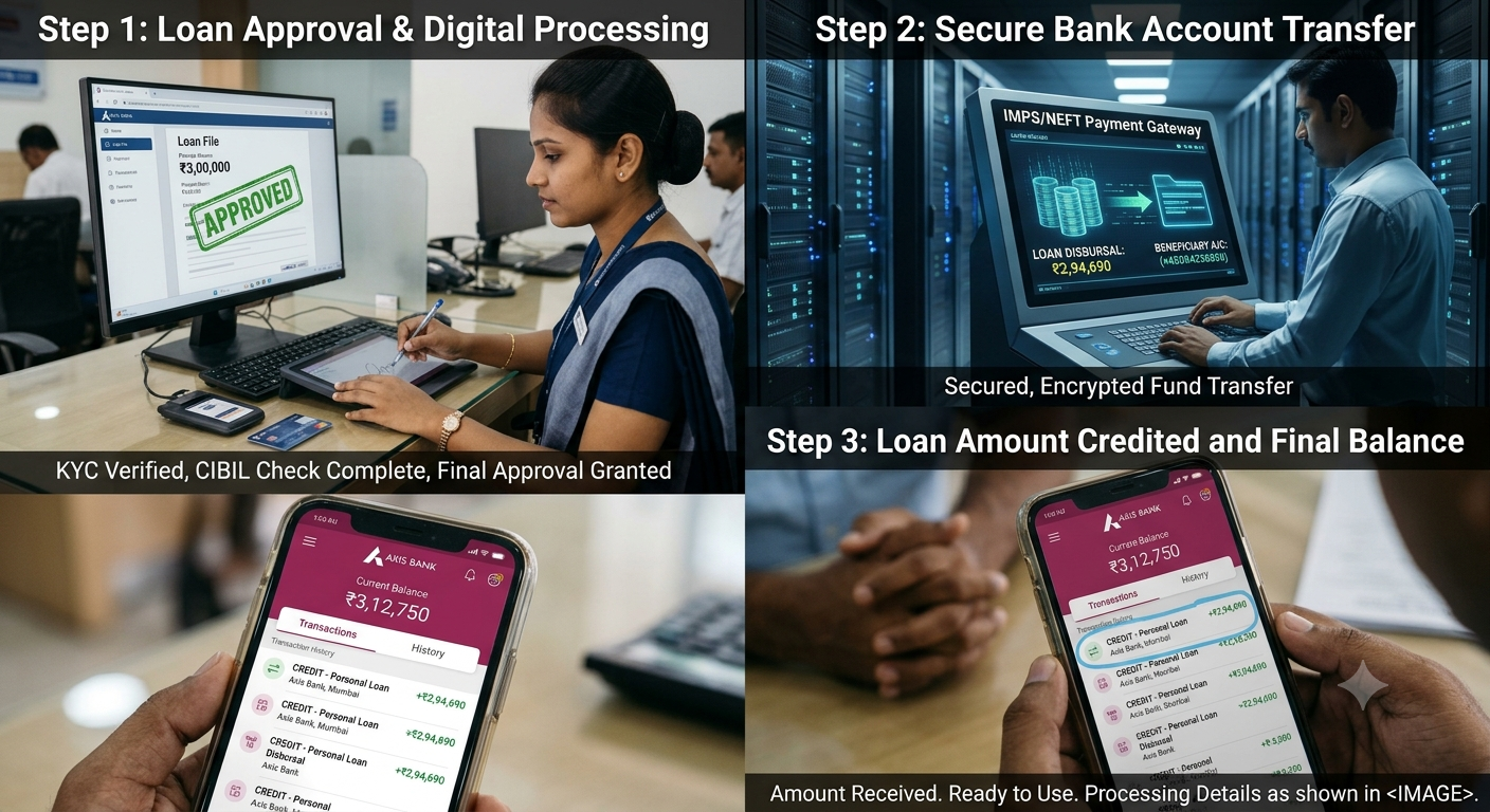 Personal loan disbursement process showing loan approval, bank account transfer and credited loan amount