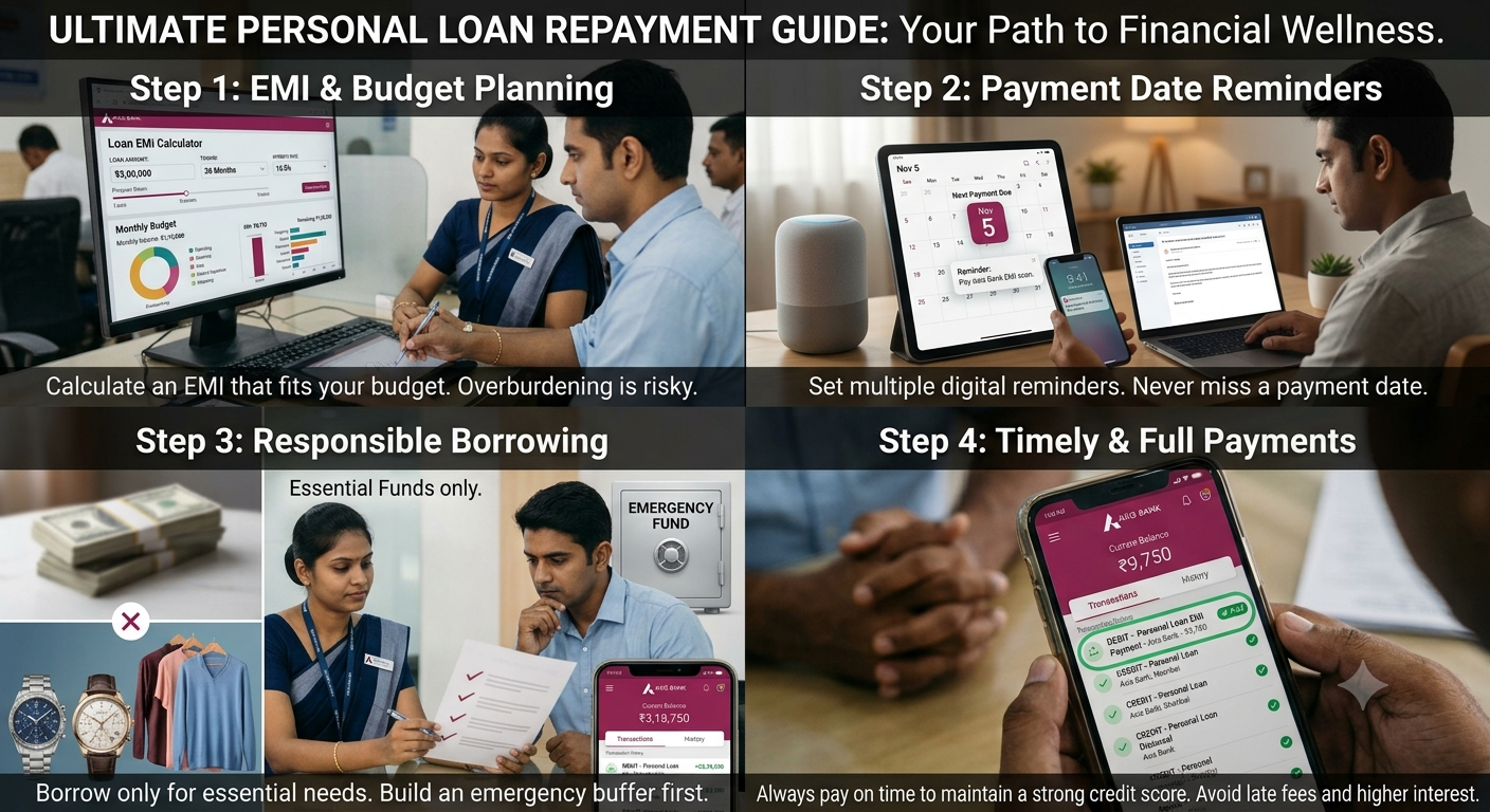 Personal loan repayment guide illustrating monthly EMI planning, timely payments and responsible borrowing