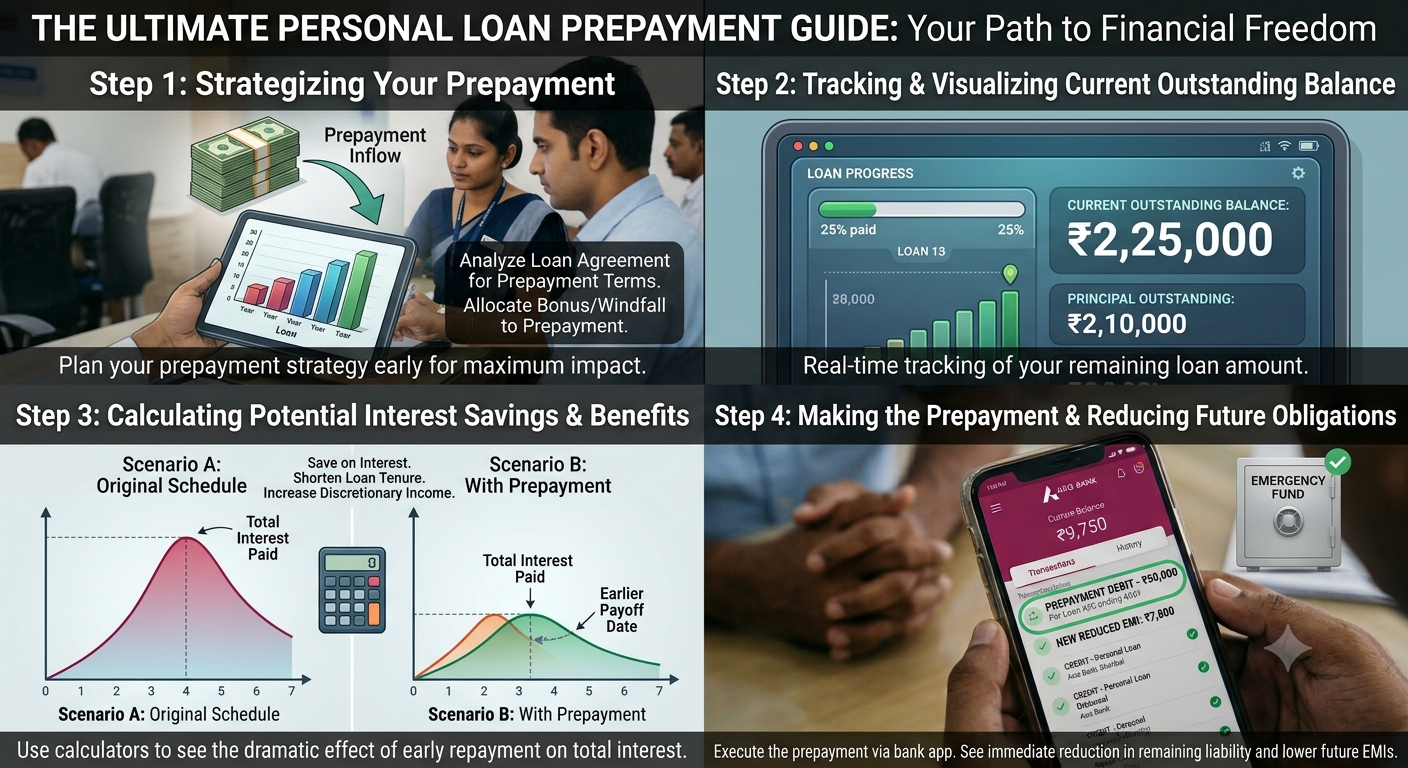 Personal loan prepayment guide showing early loan repayment, outstanding balance and potential interest savings
