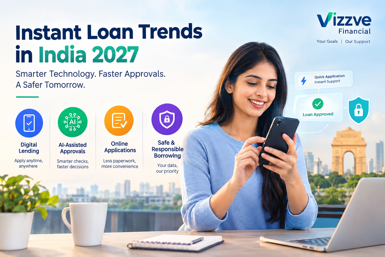 Instant loan trends in India 2027 showing digital lending, AI-assisted loan approvals, online applications, and safe borrowing with Vizzve Financial.
