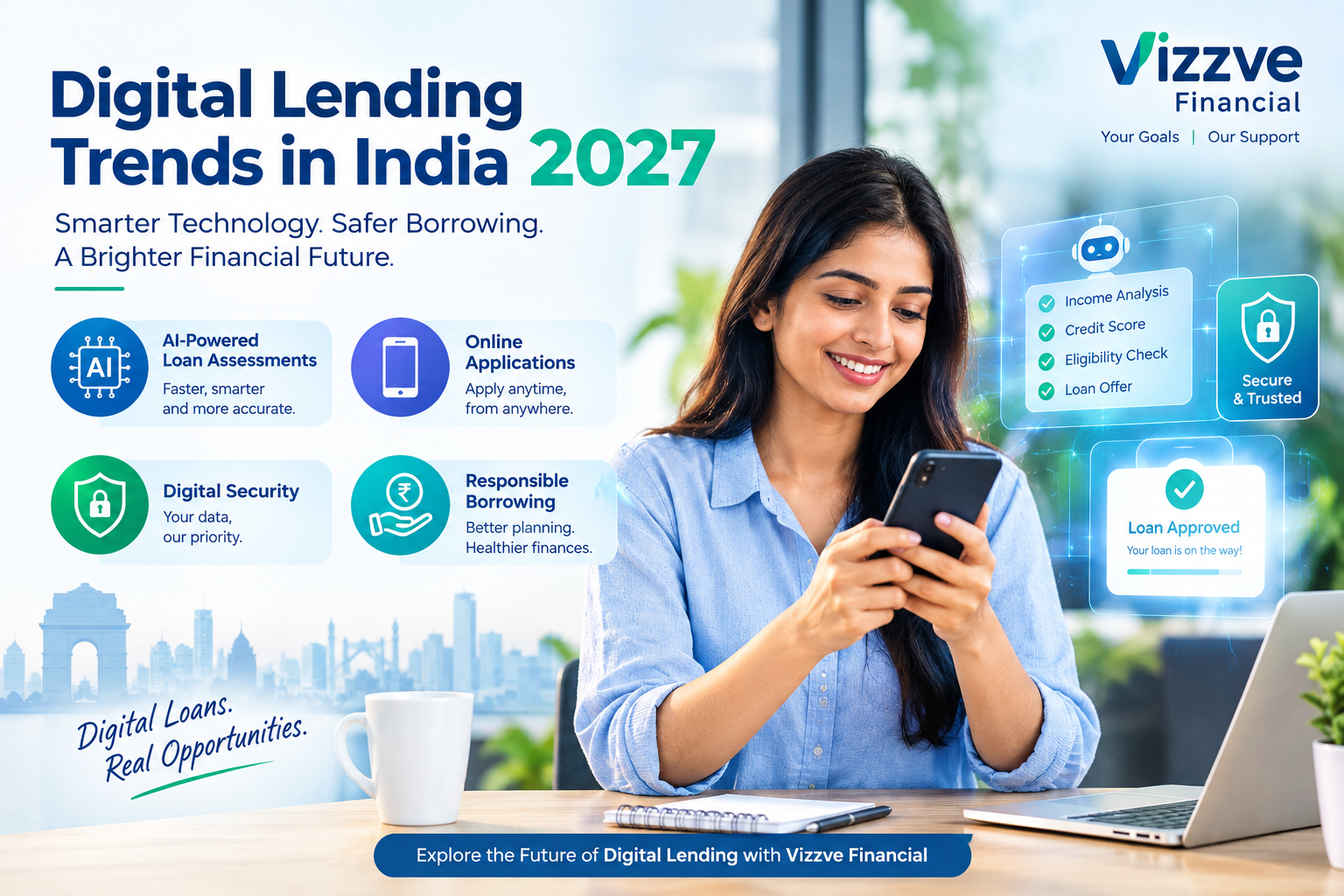 Digital lending trends in India 2027 featuring AI-powered loan assessments, online applications, digital security, and responsible borrowing with Vizzve Financial.