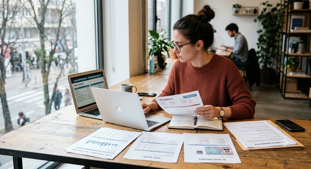 Freelancer checking loan eligibility documents, credit information and bank statements on a laptop before applying for a personal loan.