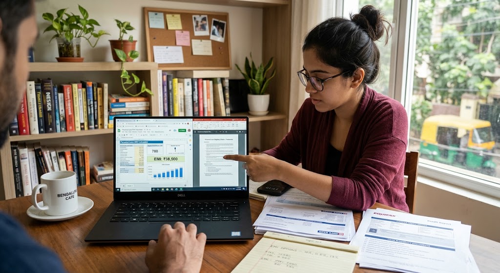 Freelancer reviewing loan eligibility documents, bank statements, credit information and EMI calculations on a laptop before applying for a personal loan.