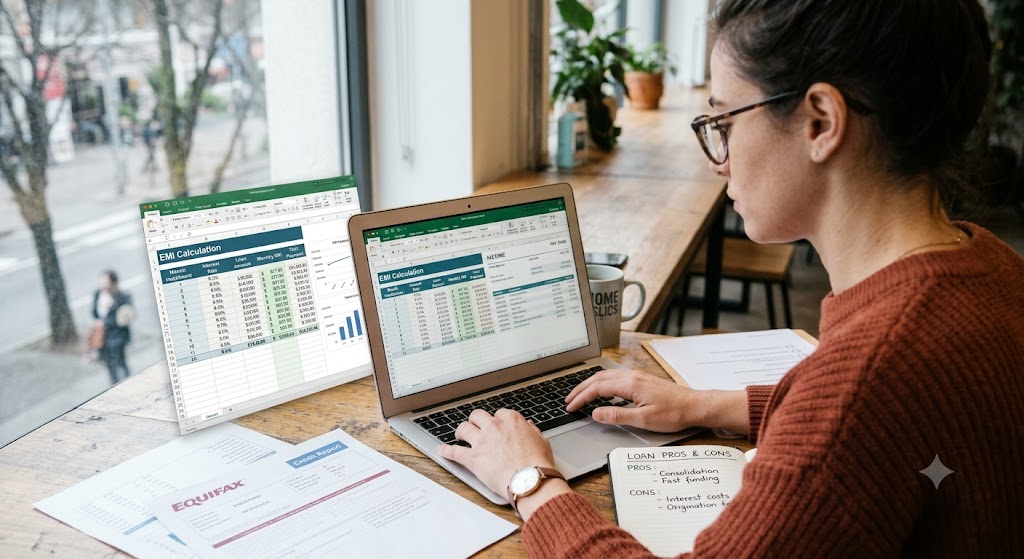 Freelancer comparing the benefits and limitations of a personal loan using income documents, a laptop and an EMI calculation sheet.