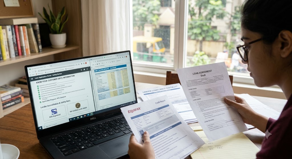 Freelancer checking loan safety documents, KYC information, lender details and EMI calculations on a laptop before applying online.