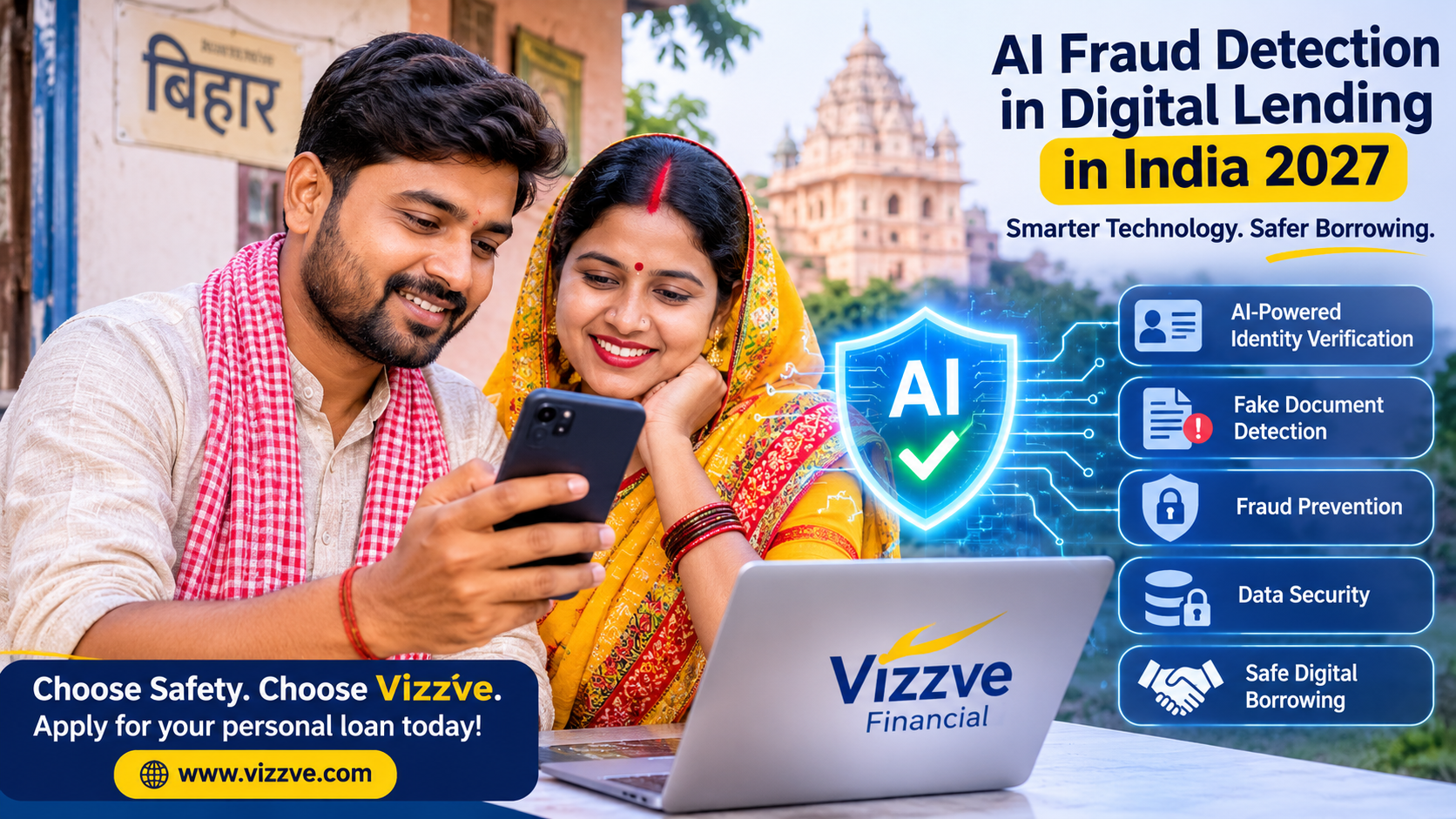 Alt Image Text: AI fraud detection in digital lending in India 2027, highlighting AI-powered identity verification, fake document detection, fraud prevention, data security, and safe digital borrowing with Vizzve Financial.