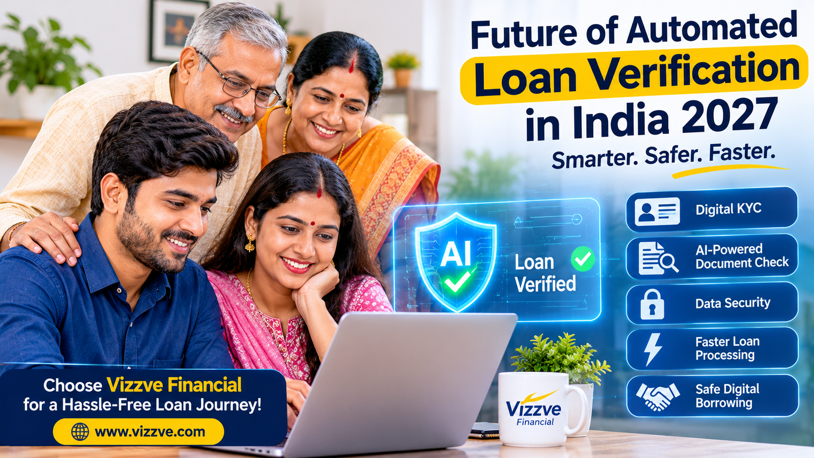 Future of automated loan verification in India 2027, featuring AI-powered document checks, digital KYC, identity verification, data security, faster loan processing, and safe digital borrowing with Vizzve Financial.